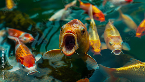 Koi fish in the pond, hungry fish, waiting for someone to feed them, red gold carp fishes 