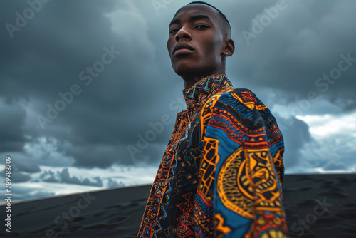 Fototapeta Naklejka Na Ścianę i Meble -  A black male model wearing fashion clothing with unique patterns on black sand dunes under a cloudy sky