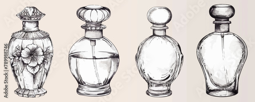 Vintage perfume bottle sketch hand drawn in doodle style Vector illustration.