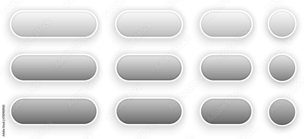 White and grey buttons for user interface, simple 3D modern design for mobile, web, social media, business. Minimal style UI icons set.