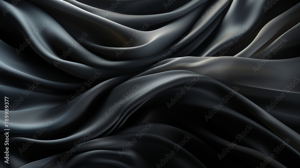 Obraz premium Black gray satin dark fabric texture luxurious shiny that is abstract silk cloth panorama background with patterns soft waves blur сreated with Generative Ai