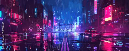 A city street with neon signs and cars driving in the rain