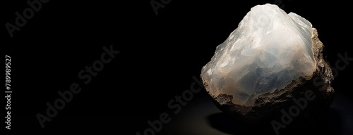 Harmotome is rare precious natural stone on black background. AI generated. Header banner mockup with space. photo