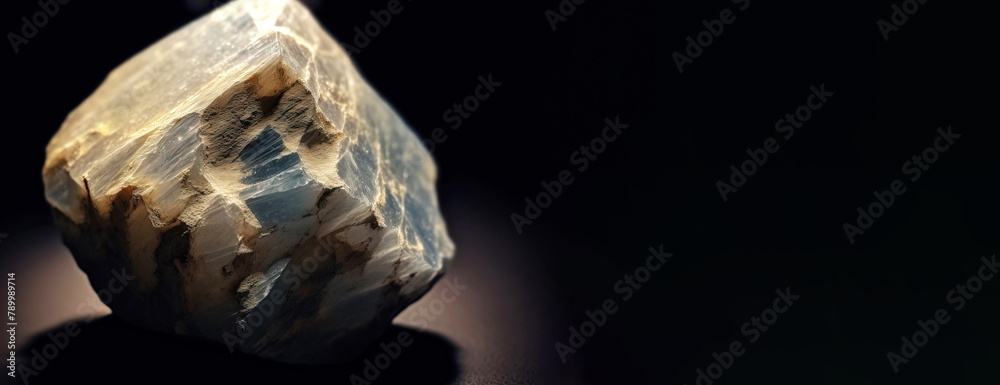 Hyalophane is rare precious natural stone on black background. AI generated. Header banner mockup with space. Hyalophane is rare precious natural stone on black background. AI generated. Header banner mockup with space.