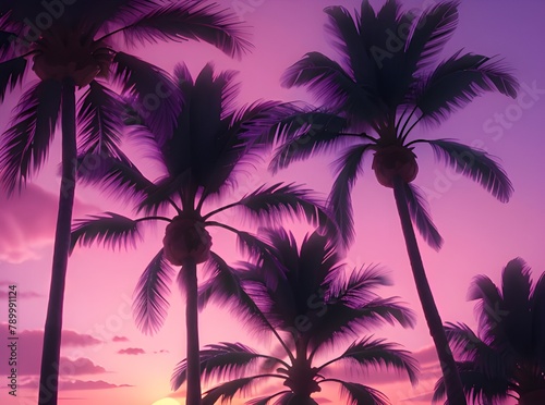 紫とピンクの夕焼けに囲まれたヤシの木 © san