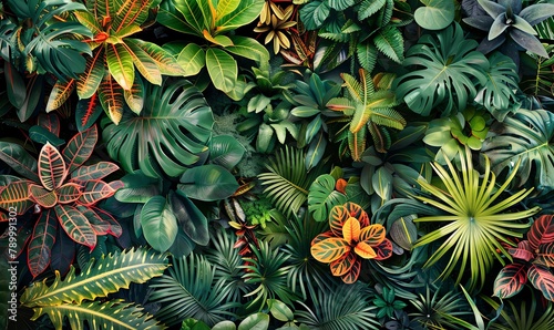 Capture the lush beauty of endemic plant treasures from a high-angle perspective in a detailed watercolor painting, highlighting intricate textures and vibrant colors