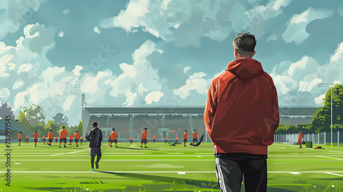 A coach in his tracksuit. standing on a sports field with players and staff training. The view is from behind him as he watches over his teams work during practice photo