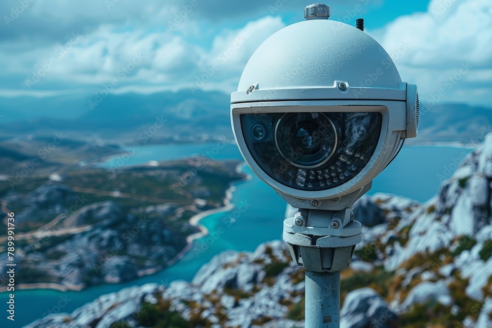 A high-quality security camera with a panoramic view of a beautiful coastal town and green landscapes A high-quality security camera with a panoramic view of a beautiful coastal town and green landscapes