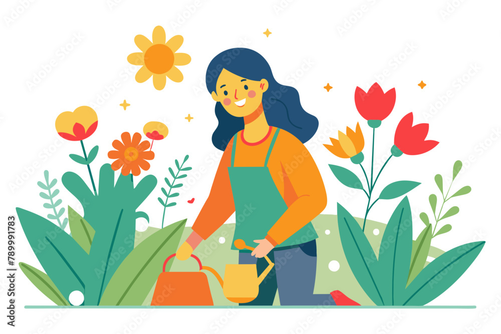 Joyful Gardener Watering Plants in a Lush Garden Illustration Joyful Gardener Watering Plants in a Lush Garden Illustration