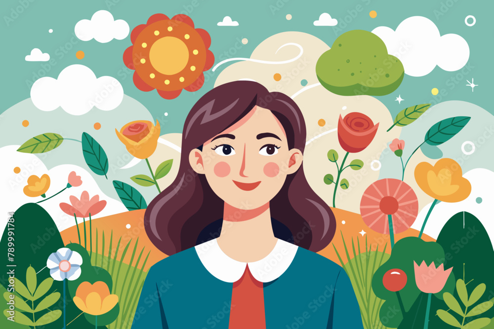 Springtime Happiness: Woman Enjoying Blooming Garden Illustration Springtime Happiness: Woman Enjoying Blooming Garden Illustration
