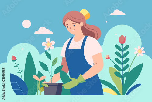 Cheerful Gardener Tending to Plants in Sunny Garden Illustration