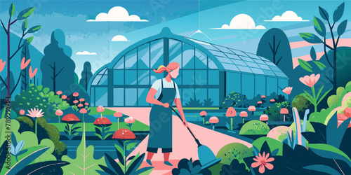 Female Gardener Tending Flowers in Lush Greenhouse Garden