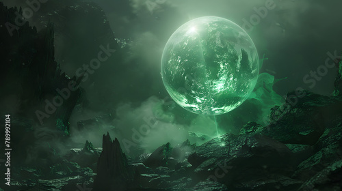 A colossal sphere with emerald light glowing from it. against a dark setting