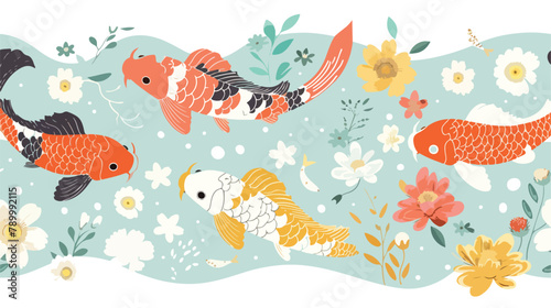 Japan koi fish border. Sea Japanese carp swimming 