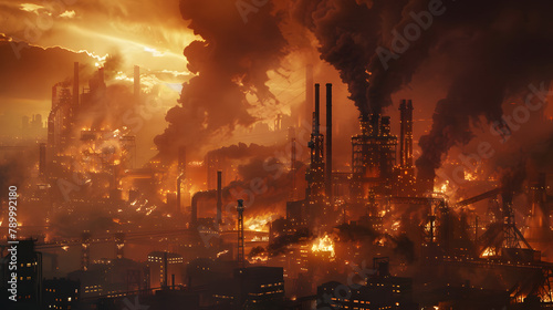 A colossal steel corporations smelting site is aflame. with billows of smoke and infernos surging from the terrain. The twilight firmament overhead exhibits fierce blasts in a factory environment.  photo