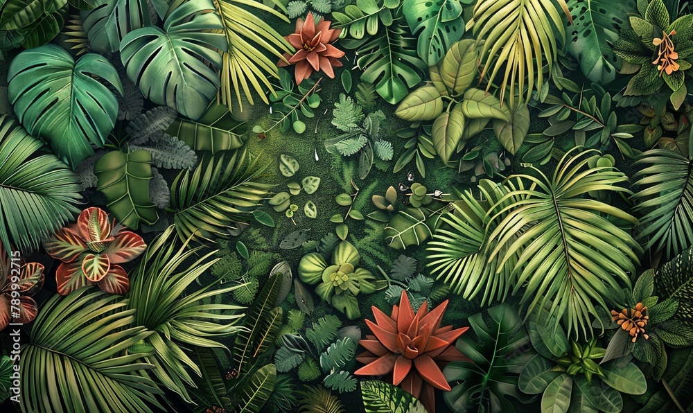 Capture the rare plant habitat from a high-angle view, portraying intricate details of indigenous flora and fauna in vivid watercolor Capture the rare plant habitat from a high-angle view, portraying intricate details of indigenous flora and fauna in vivid watercolor