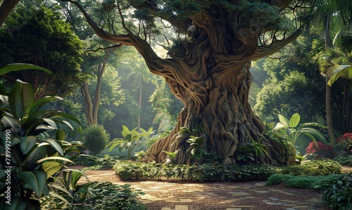 Capture the splendor of an ancient, towering tree in a lush botanical garden using photorealistic digital rendering techniques photo