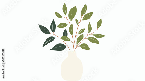 Leaf branches in vase. Leaves decorative stems 