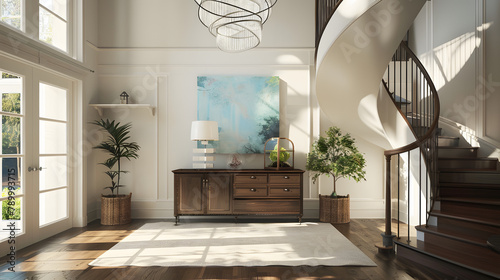 A contemporary foyer with streamlined design. showcasing a cozy nook beneath the spiral staircase and a metal sideboard. The area is bathed in sunlight from expansive skylights overhead photo