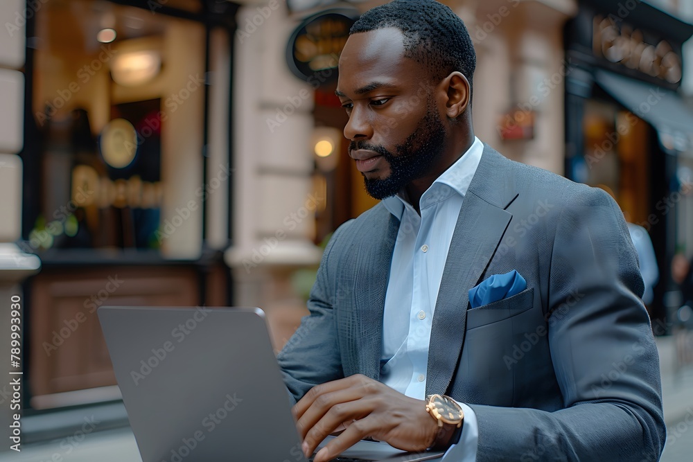 Businessman in Suit Using Laptop Computer. Generative AI Businessman in Suit Using Laptop Computer. Generative AI