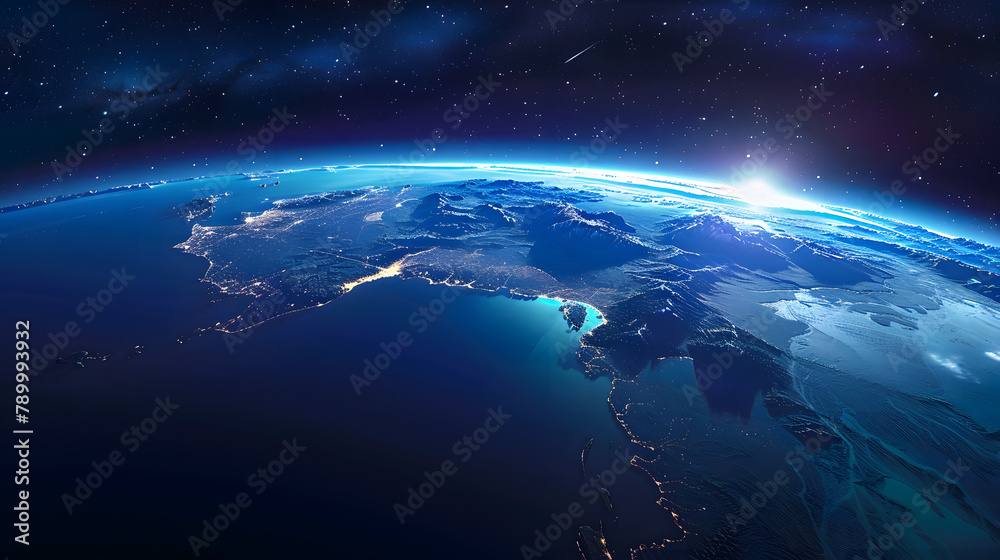 A cosmic sight of our home planet. with glowing lights marking dense cityscapes and main biomes such as ponds A cosmic sight of our home planet. with glowing lights marking dense cityscapes and main biomes such as ponds