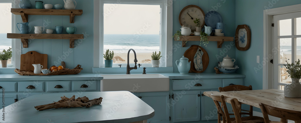 Tranquil Coastal Kitchen: Serene Ocean-Inspired Culinary Space with Light Blue Hues and Driftwood Centerpiece in Realistic Interior Design Scene - Nature Photo Stock