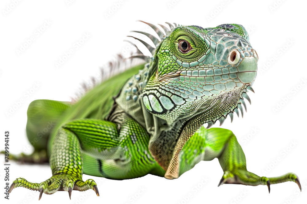 Obraz premium Green iguana with vivid scales and spiky crest isolated on transparent background