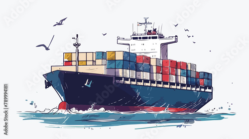 Loaded container ship enters the port. Vector illustration