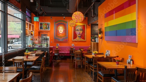 Fototapeta Naklejka Na Ścianę i Meble -  Eclectic dining space with colorful artwork and pride flag in a bright urban cafe