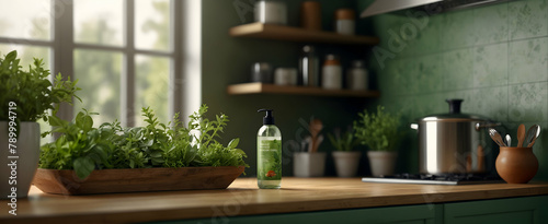 Herbal Essence: A Natural and Soothing Kitchen with Herbal Planters and Soft Green Tones - Realistic Interior Design with Nature
