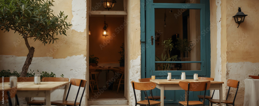 Mediterranean Mingle: A Cozy Greek-Inspired Cafe with Terracotta Pots and Olive Branches, Capturing a Warm Social Atmosphere in a Realistic Interior Design with Nature Elements - Stock Photo Concept
