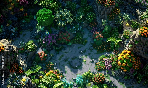 Craft a captivating pixel art scene showcasing a birds-eye view of a secret garden teeming with elusive and vibrant botanical treasures waiting to be discovered