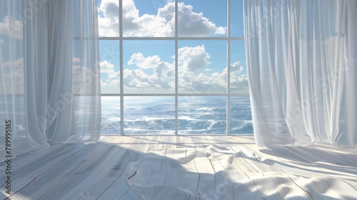 A large window overlooking the ocean with white curtains. The curtains are open, allowing the sunlight to shine through and illuminate the room. Concept of calm and serenity, as the view of the ocean