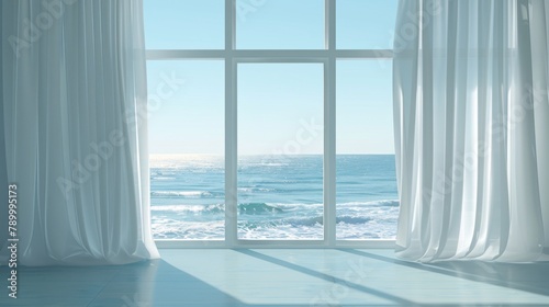 A window with a view of the ocean and white curtains. The curtains are open, allowing the sunlight to shine through and illuminate the room. Concept of calm and relaxation