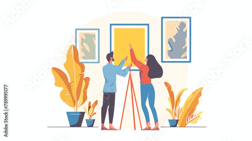 Man and woman hanging picture on the wall. Vector flat