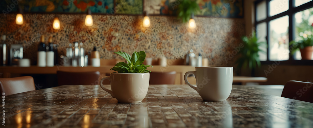 Mosaic Mocha: A Mediterranean-Inspired Cafe with Fragrant Basil Plant and Mosaic Details, Realistic Interior Design and Nature Photo Mosaic Mocha: A Mediterranean-Inspired Cafe with Fragrant Basil Plant and Mosaic Details, Realistic Interior Design and Nature Photo