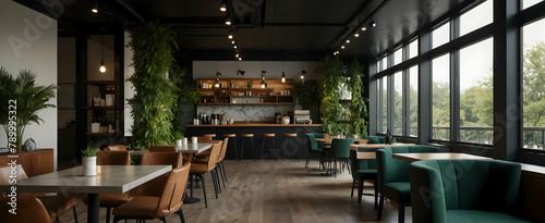 Urban Elegance: A Modern Cafe with Sleek Lines, Greenery, and Sophisticated Interior Design, Capturing the Essence of a Contemporary Muse