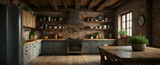 Cozy Rustic Kitchen Interior with Exposed Beams and Potted Herbs for Natural Cooking Environment - Realistic Design with Nature Concept