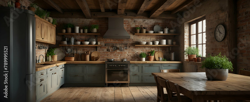 Cozy Rustic Kitchen Interior with Exposed Beams and Potted Herbs for Natural Cooking Environment - Realistic Design with Nature Concept © Gohgah