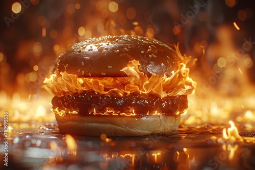 Flaming Hamburger on Table. Generative AI