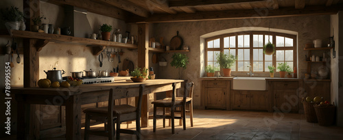 Rustic Kitchen with Wooden Beams and Olive Tree - Realistic Interior Design for a Warm Earthy Cooking Retreat