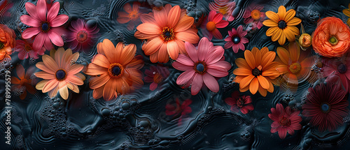 flowers are floating in a pond of water with a dark background