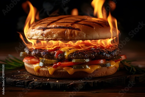 Flaming Hamburger on Wooden Table. Generative AI