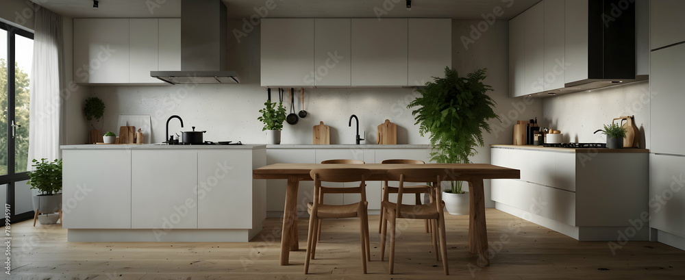 Scandinavian Minimalist Kitchen: Tranquil Escape with Potted Fern in Realistic Interior Design. Scandinavian Minimalist Kitchen: Tranquil Escape with Potted Fern in Realistic Interior Design.
