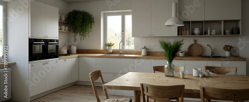 Scandinavian Simplicity: Functional Design and Peaceful Culinary Environment in Realistic Interior with Nature Themes