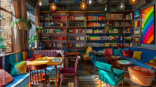 Inviting bookstore cafe with rainbow bench and eclectic mix of decor in a lively urban space photo