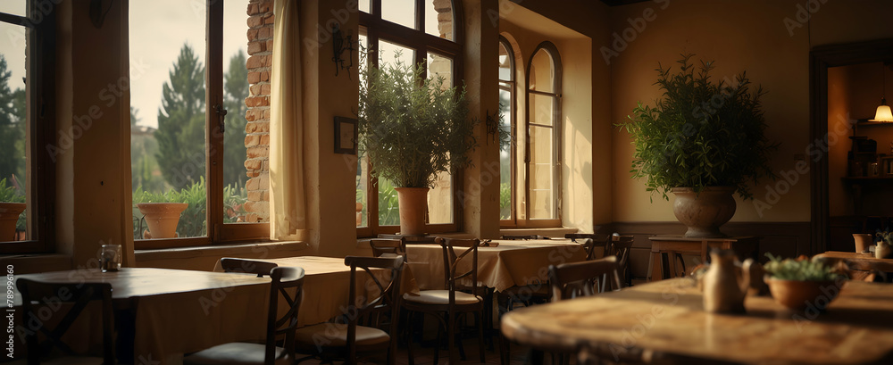 Tuscan Tranquility: A Cozy Italian Cafe with Rustic Charm and Natural Elements, Embodying the Essence of a Tuscan Villa. Realistic Interior Design with Nature Photography.
