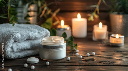 A serene spa setting with candles, a fluffy towel, jar of cream, and decorative pebbles on a wooden surface.