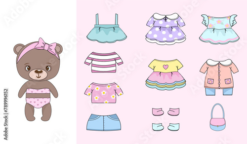 Paper doll clothes. Paper doll baby. Cute girl teddy bear with clothes, dresses. Vector illustration. Dress up, cutouts. Toy, game for children play. Printable doll. Clothes set, collection. Animal.