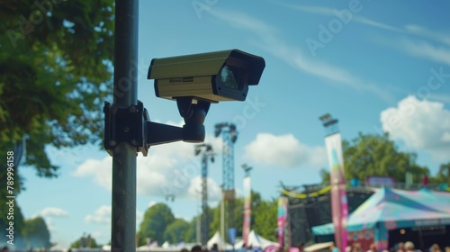 A CCTV camera mounted on a high pole surveys a festival venue keeping a watchful eye on any hostile vehicle activity. . photo